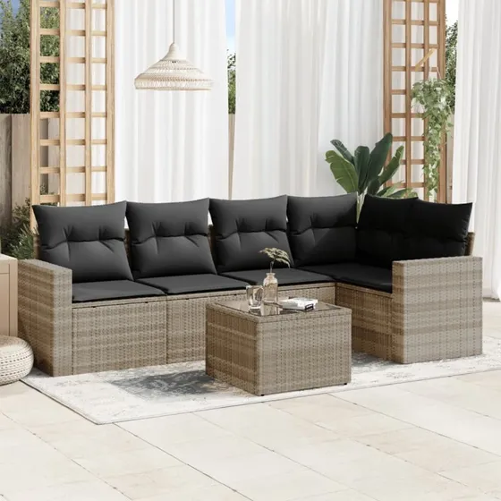 Havesofasæt 6 dele i polyrattan med hynder – lysegrå