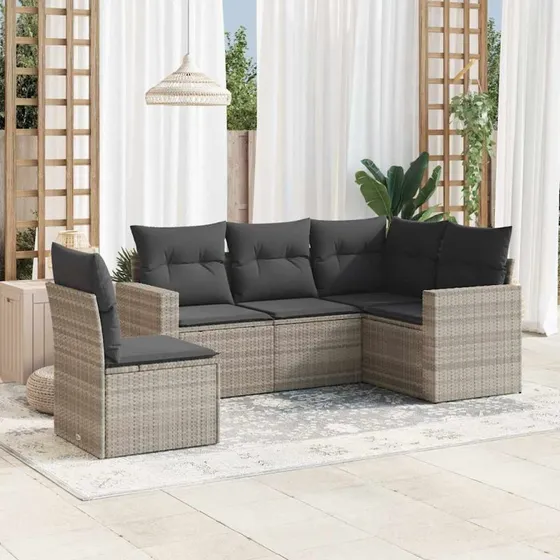 Havesofasæt 5 dele i lysegrå polyrattan med hynder
