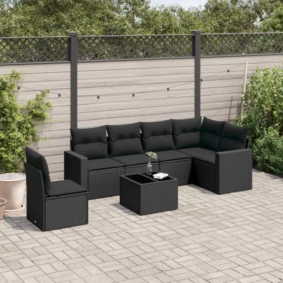 Havesofasæt 7 dele i sort polyrattan inkl. hynder