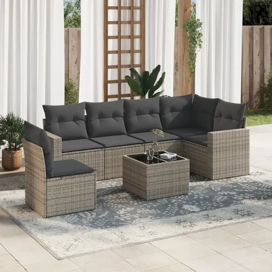 Havesofa 7 dele i grå polyrattan med hynder