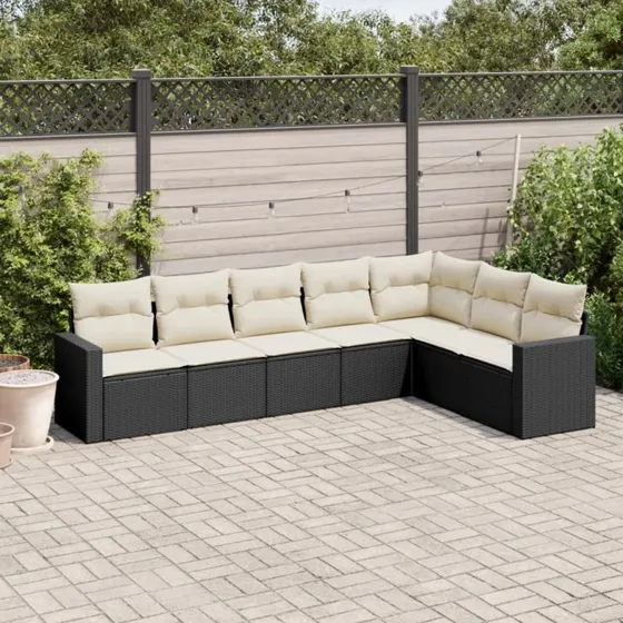 Havesæt 7 dele i sort polyrattan med hynder