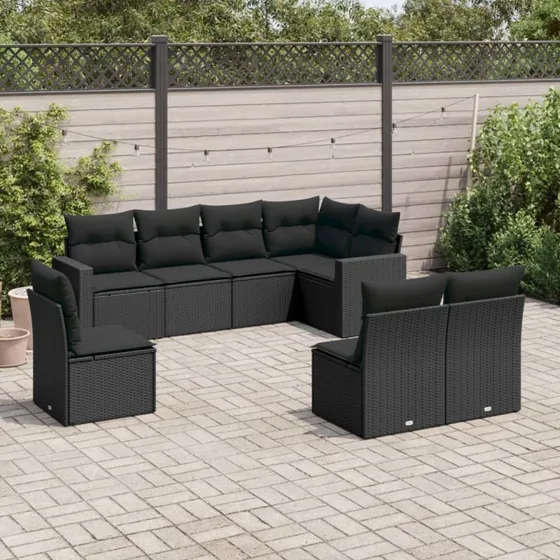 Havesofasæt 8 dele i sort polyrattan med hynder