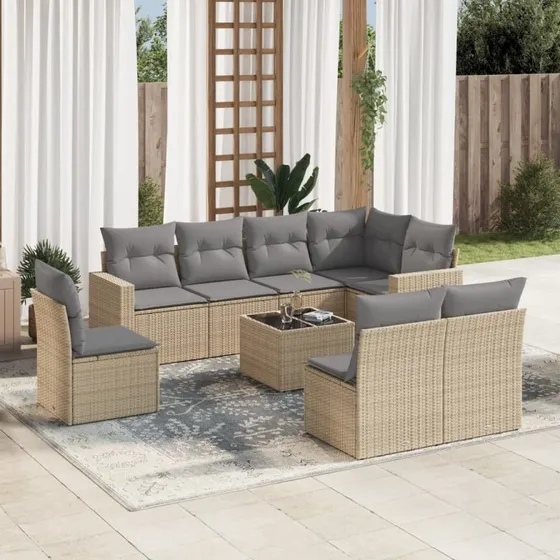 9-dele havemøbelsæt i polyrattan med hynder, beige