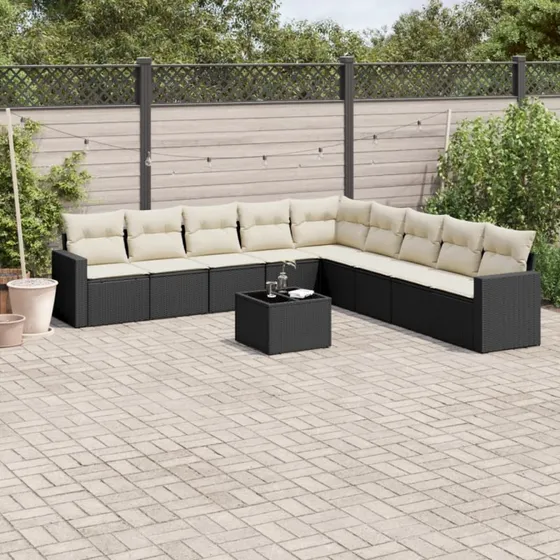 Havesofasæt 10 dele i sort polyrattan med hynder