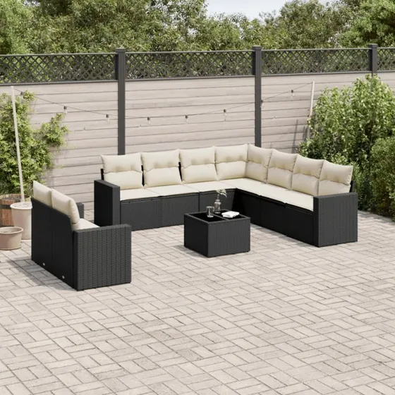 Sofasæt til haven 10 dele i sort polyrattan med hynder