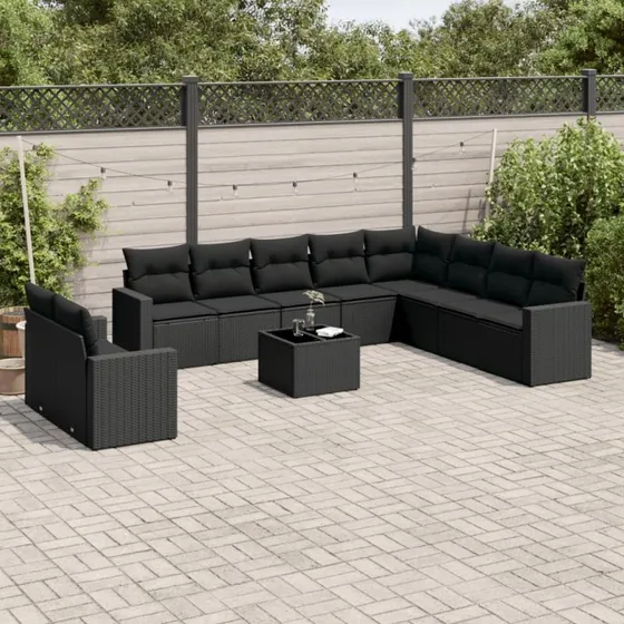 Havesofasæt 11 dele i polyrattan - sort med hynder