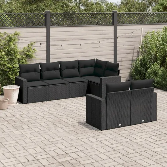 7-delers havesofasæt i sort polyrattan med hynder