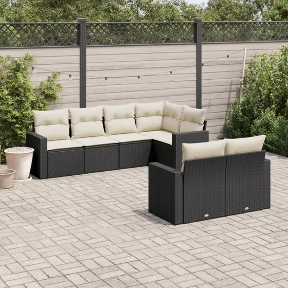 Havesofasæt 7 dele i sort polyrattan med hynder