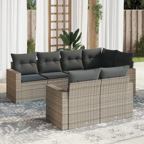 Havesofasæt 7 dele i grå polyrattan med hynder