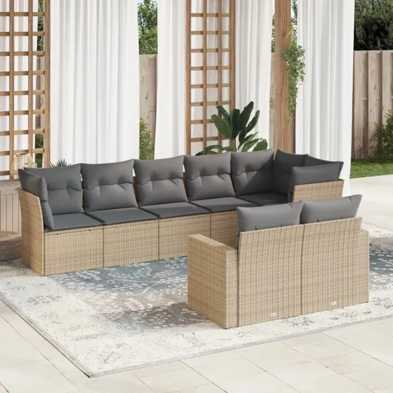 Havesofasæt 8 dele i polyrattan med hynder, beige