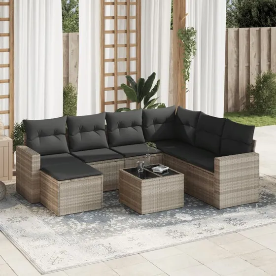 Havesofasæt 8 dele i polyrattan lysegrå med hynder