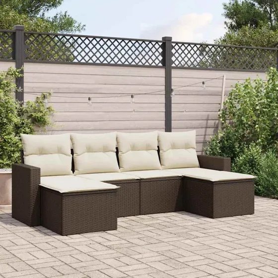 Havesofasæt 6 dele i brun polyrattan med hynder