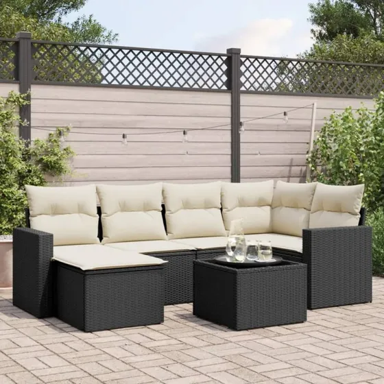 Havesofasæt 7 dele i sort polyrattan med hynder