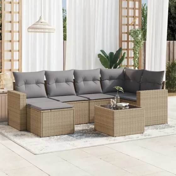 Havesofasæt 7 dele i polyrattan med hynder – beige