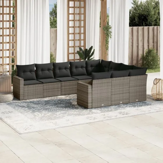 Havesofasæt 10 dele i polyrattan - grå med hynder