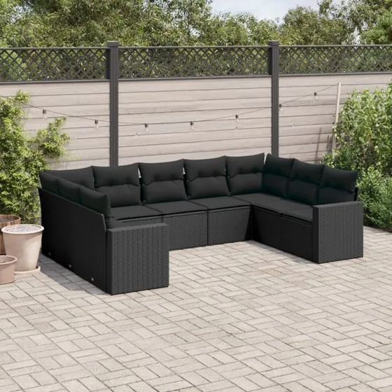 Havesofasæt 9 dele i sort polyrattan med hynder