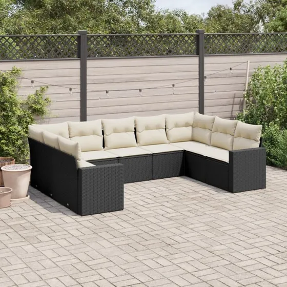 Havesofasæt 9 dele i sort polyrattan med hynder