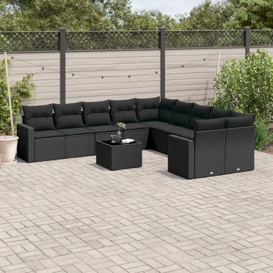 Polyrattan sofasæt til haven 11 dele med hynder - sort