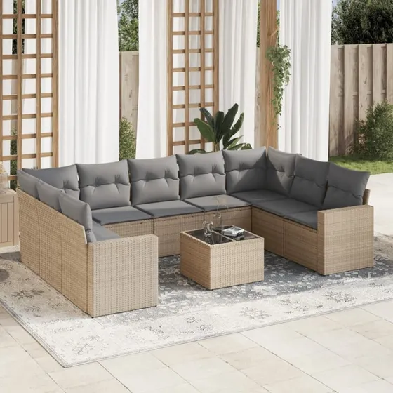 Sofasæt til haven 10 dele i polyrattan med hynder - beige