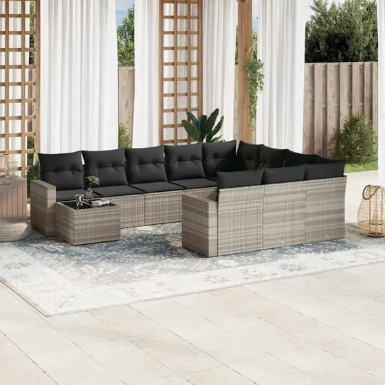 Loungesæt 11 dele i grå polyrattan med hynder
