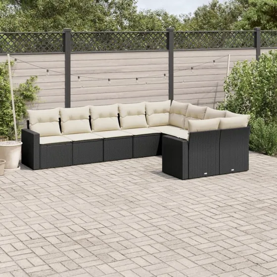 9-del polyrattan sofasæt til haven med hynder, sort