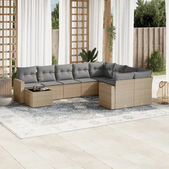 Sofasæt til haven 10 dele i polyrattan med hynder - beige