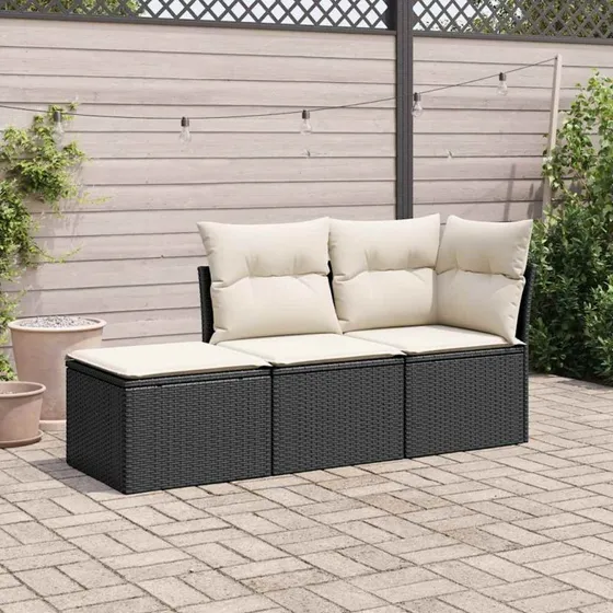 Sofasæt til haven 3 dele i sort polyrattan med hynder