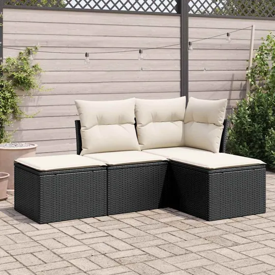 Sofasæt til haven 4 dele i sort polyrattan med hynder