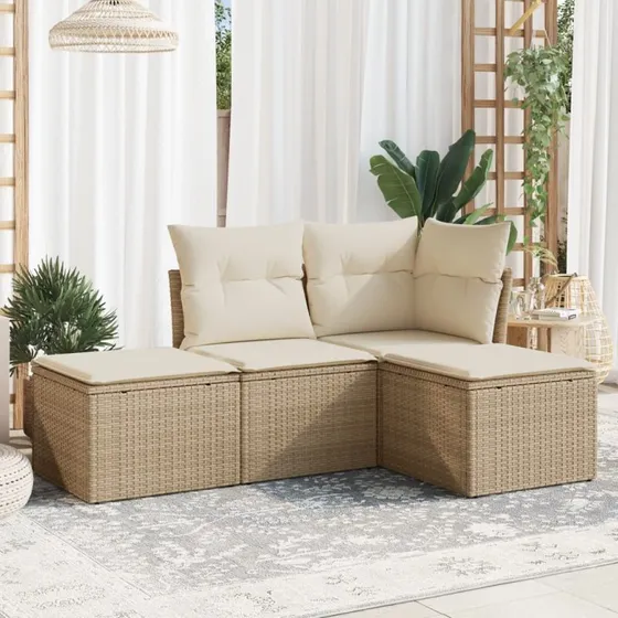 Havesofasæt 4 dele i polyrattan med hynder, beige