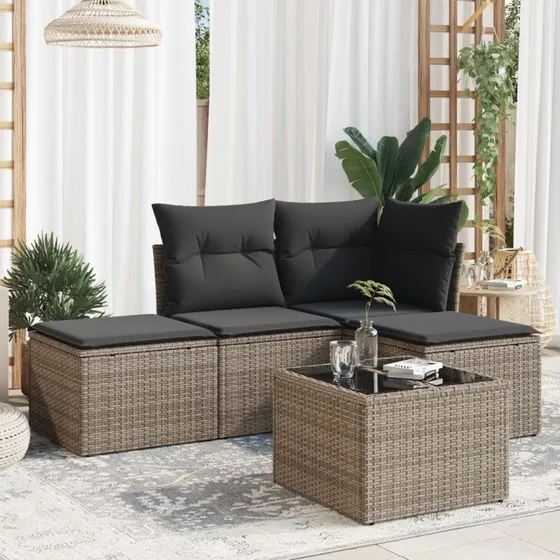 Sofasæt 5 dele i grå polyrattan med hynder
