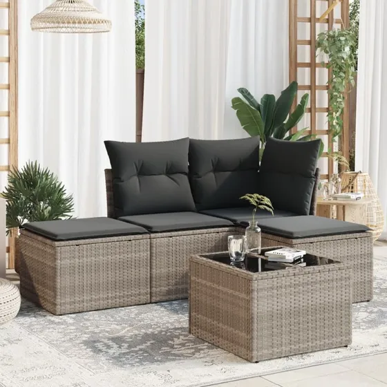 Sofasæt 5 dele i polyrattan med hynder - lysegrå