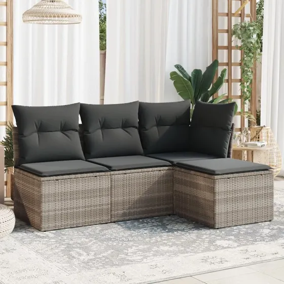 Havesofa sæt 4 dele i lysegrå polyrattan med hynder