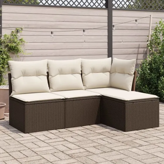 4-delt polyrattan sofasæt til haven med hynder, brun