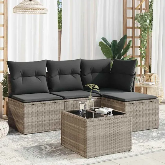 Havesofasæt 5 dele i lysegrå polyrattan med hynder