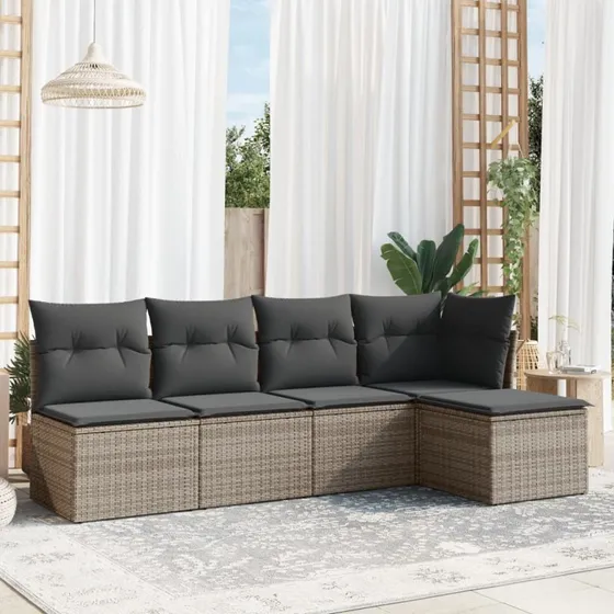 Sofasæt 5 dele med hynder i polyrattan, grå