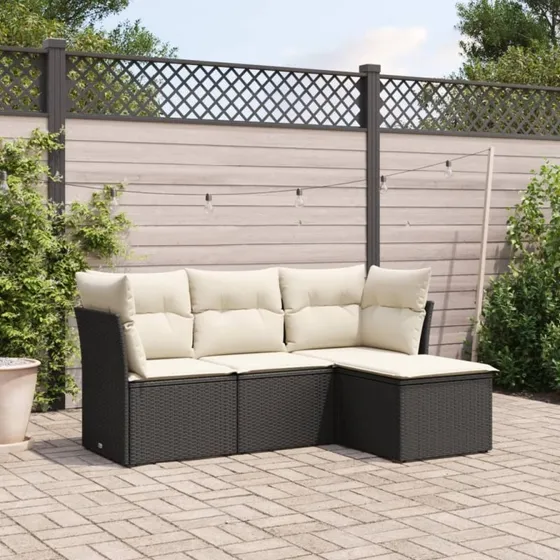 Havesofasæt 4 dele i polyrattan med hynder - sort