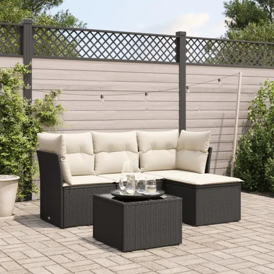 Sofasæt til haven 5 dele polyrattan - sort med hynder