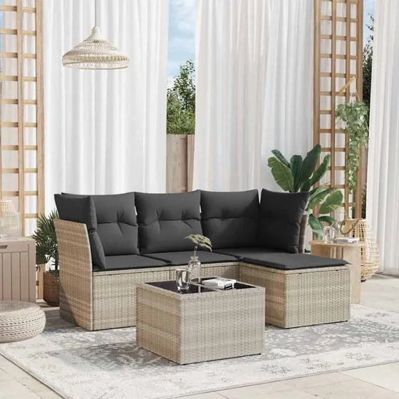 Havesofasæt 5 dele i lysegrå polyrattan inkl. hynder