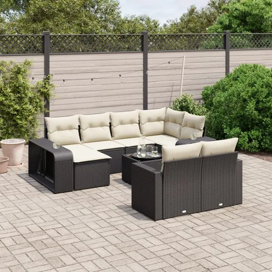 Havesofasæt 11 dele i sort polyrattan med hynder