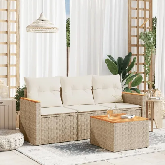 Havesofasæt 4 dele i beige polyrattan med hynder