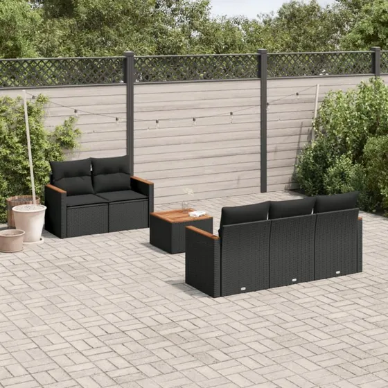Havesofasæt 6 dele i sort polyrattan med hynder