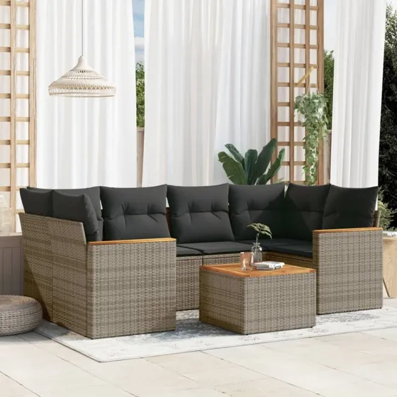 Havesofa 7 dele i grå polyrattan med hynder