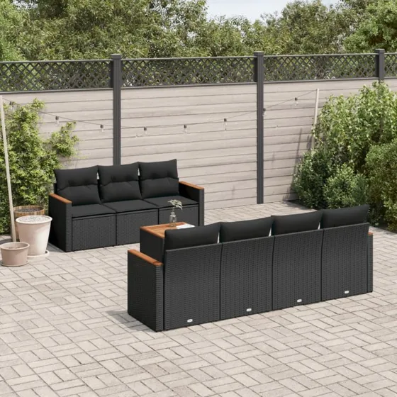 Havesofasæt 8 dele i sort polyrattan med hynder