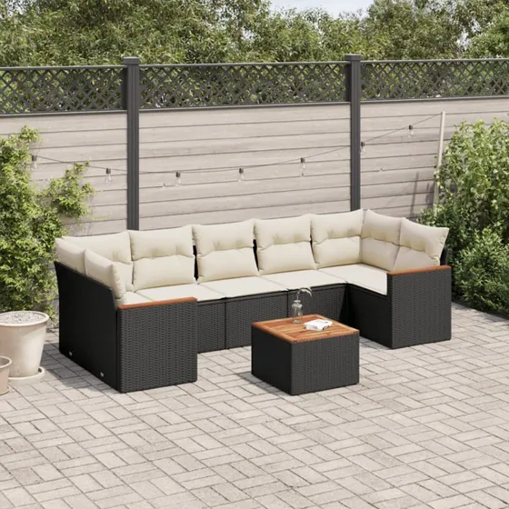 Havesofasæt 8 dele i sort polyrattan med hynder