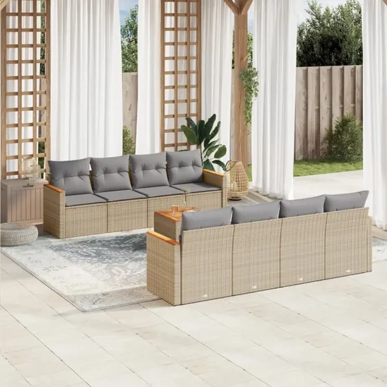 Spisebordssæt 9 dele i beige polyrattan med hynder