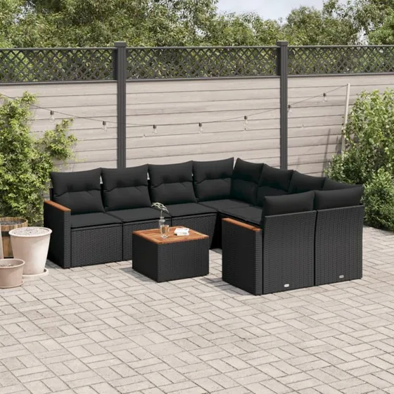 Polyrattan sofasæt til haven 9 dele med hynder - sort