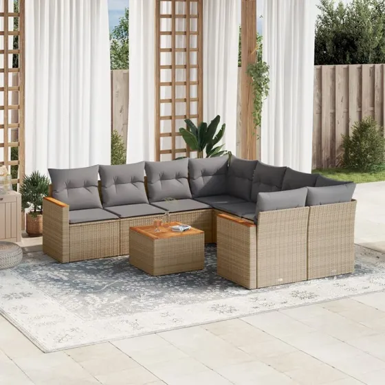 Havemøbelsæt 9 dele i beige polyrattan med hynder