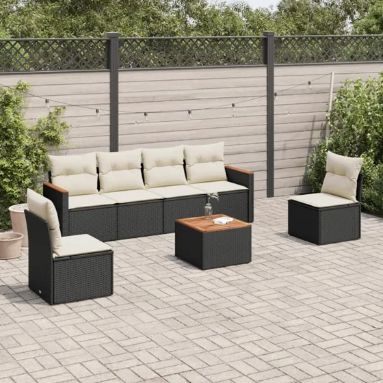Havesofasæt 7 dele i polyrattan med hynder - sort