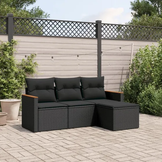 Havesofasæt 4 dele i sort polyrattan med hynder