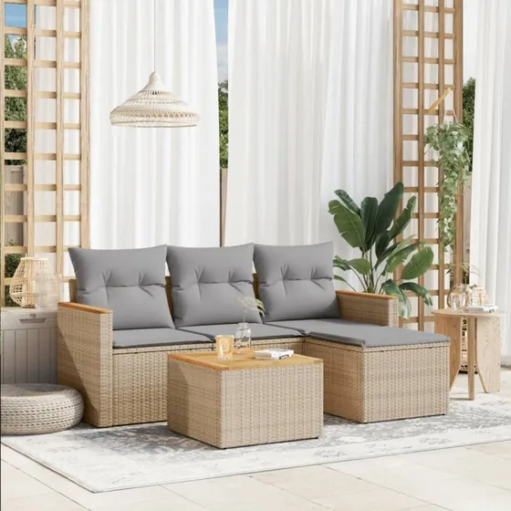 Havesofasæt 5 dele polyrattan med hynder – beige
